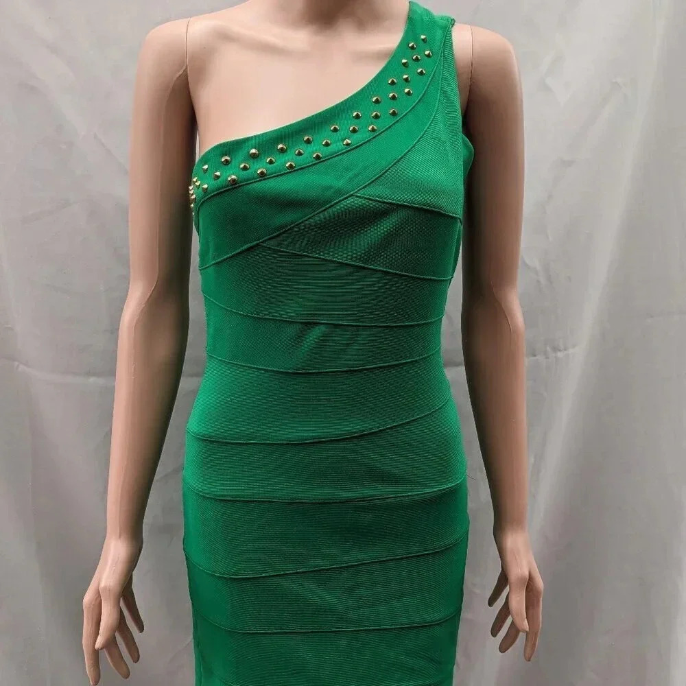 love Point One shoulder mini tube Bandage dress small Studded Green Bodycon New